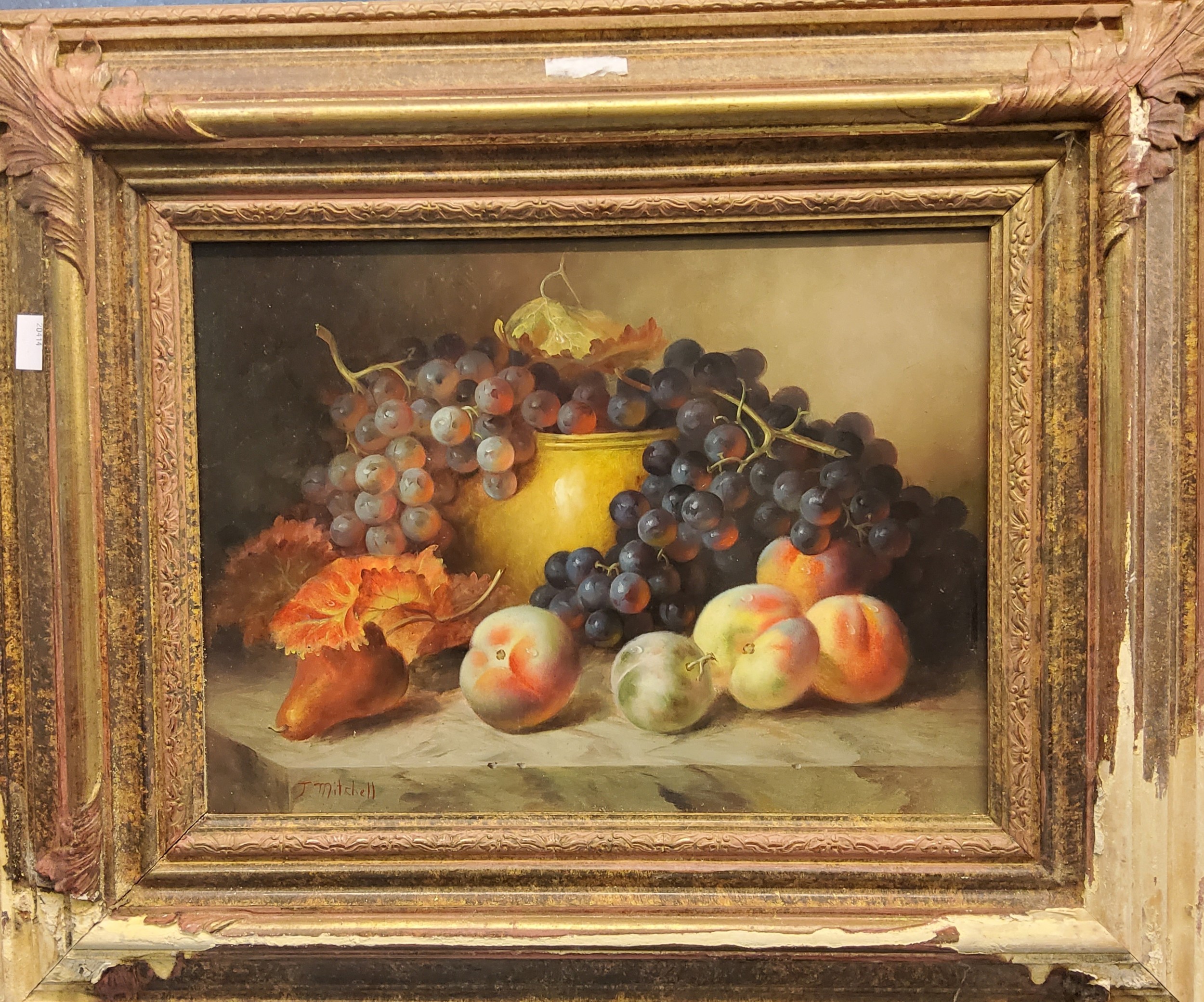 J**Mitchell, 20th century, Still Life, Fruit on a Ledge, signed, oil on board, 28cm x 38cm