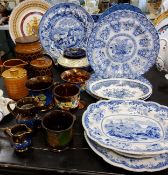 Blue and White - Chinese Porcelain pattern plates;  Spode Flower Basket;  Pearlware, c.1800;  Hong