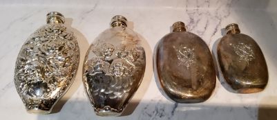 An E.P.B.M.  oval hip flask, embossed with cherubs, 13.5cm high;  another, embossed with roses;