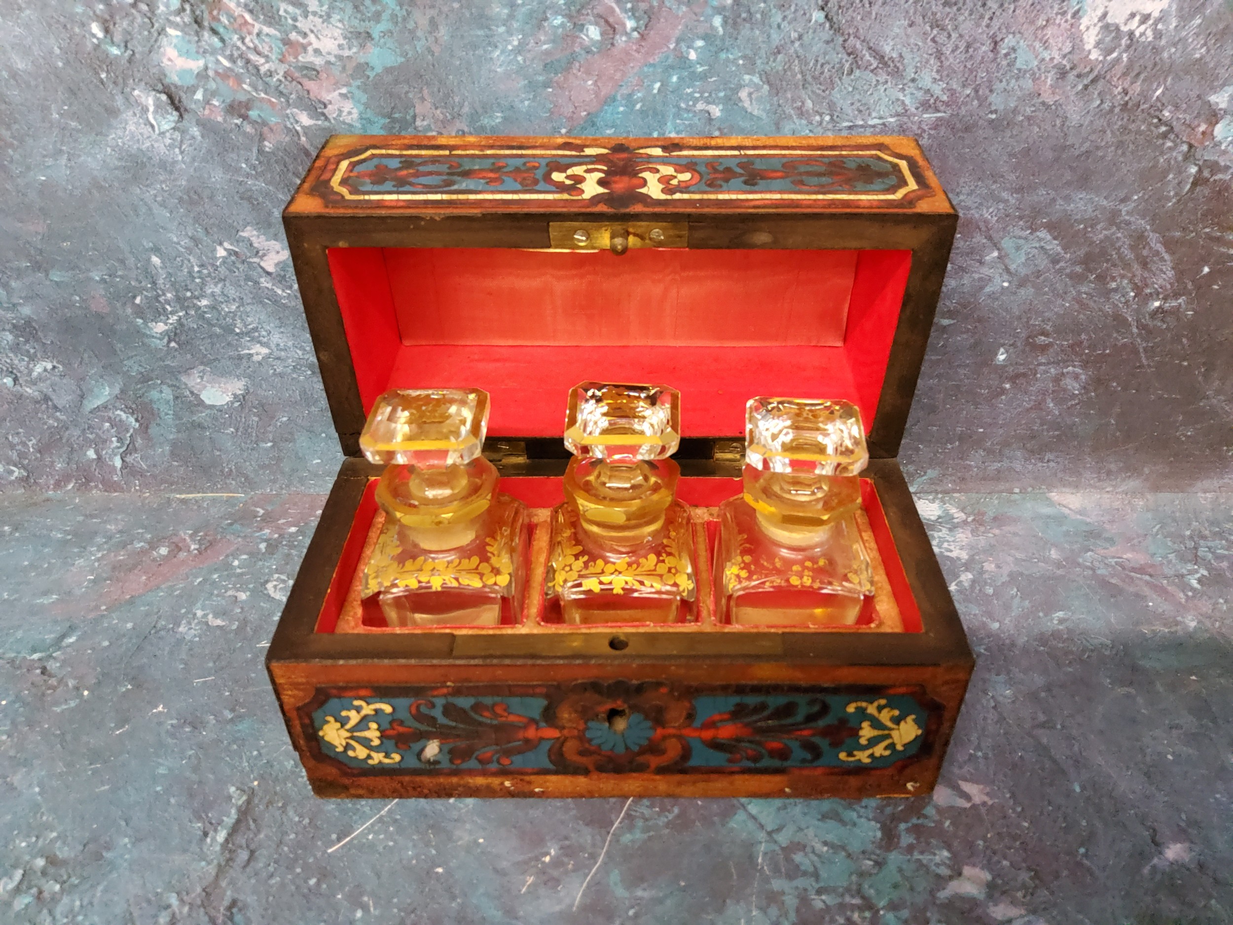 A 19th century French Boulle and ebonised scent casket,  enclosing three clear glass bottles - Image 2 of 2