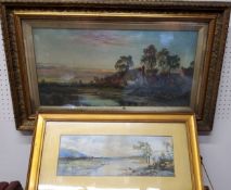 E.M. Creswick  (early 20th century), Cattle Watering, signed, 15cm x 42cm;  another, Cottage by a
