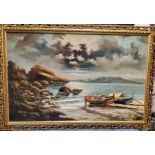 English School, 20th century, Moored Rowing Boats, oil on board, 56cm x 90cm, framed