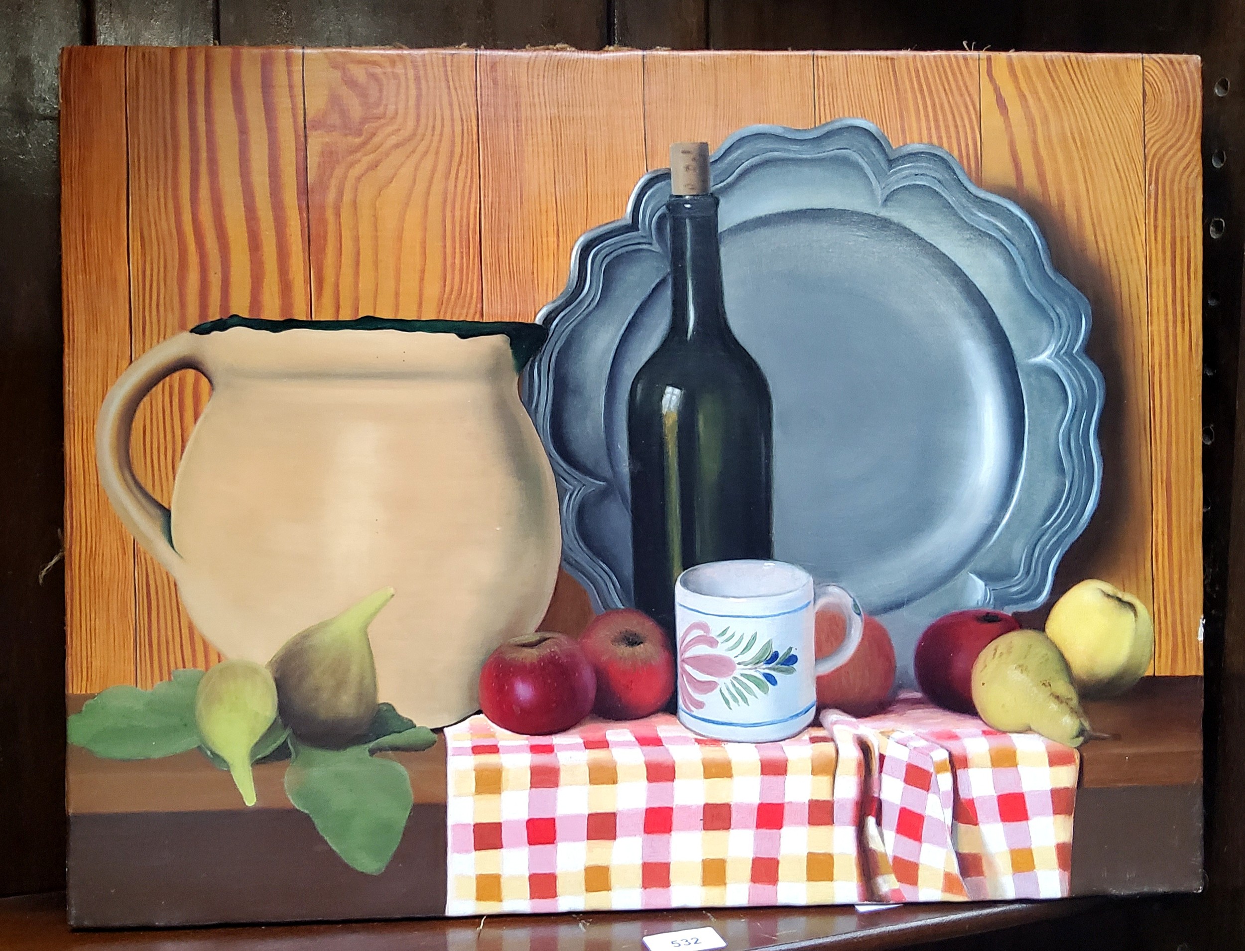 A** Fremont, Still Life, Pewter Plate, Jug and Fruit Still Life Observation, unsigned, oil on