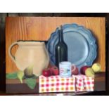 A** Fremont, Still Life, Pewter Plate, Jug and Fruit Still Life Observation, unsigned, oil on