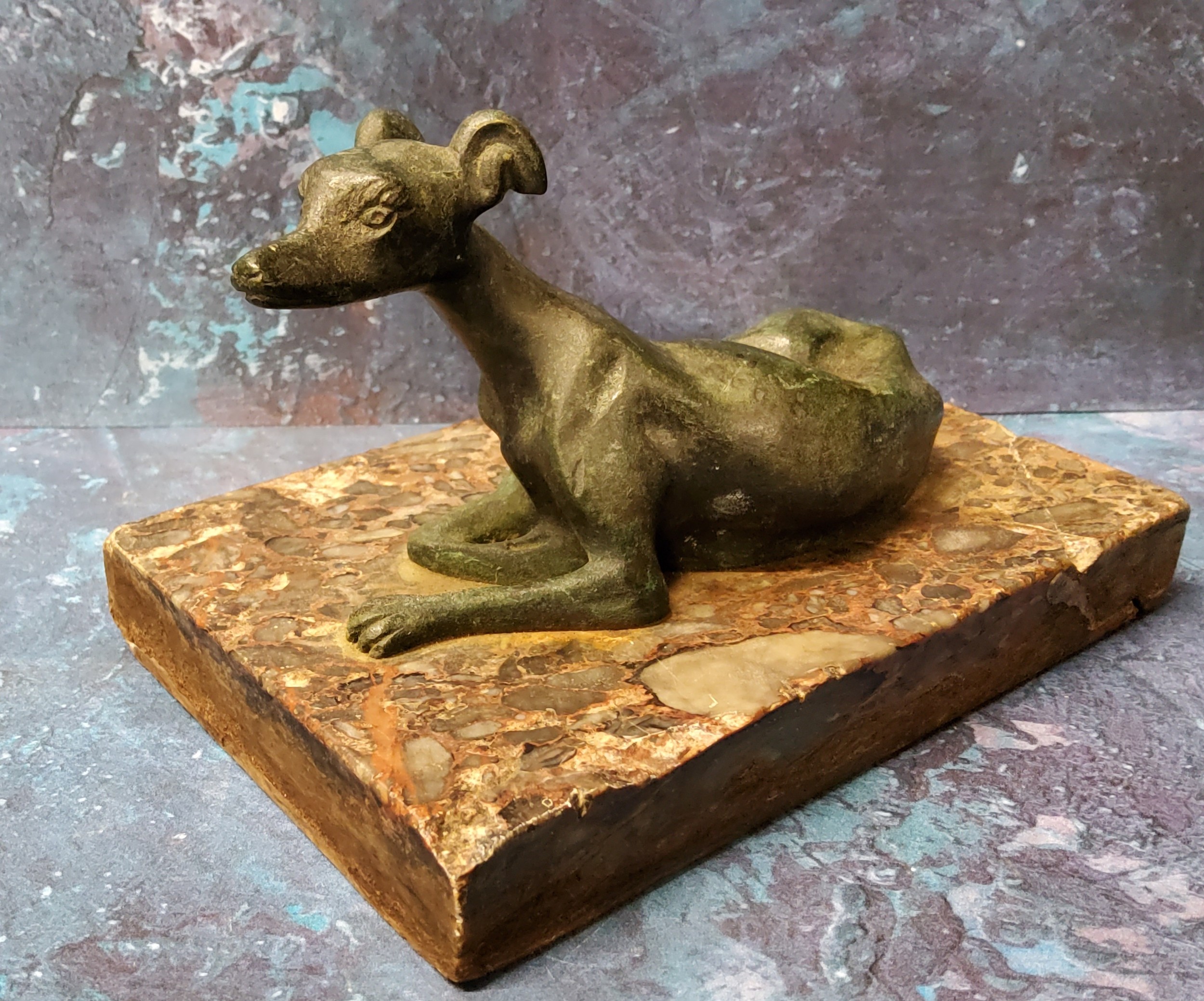 A 19th century green patinated bronze model, of a reclining greyhound, rectangular marble base, 14cm - Image 2 of 2