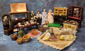 Dolls house furniture - including metal range, fireplace, table, chairs, pots, pans, dolls;   etc