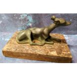 A 19th century green patinated bronze model, of a reclining greyhound, rectangular marble base, 14cm