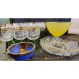 A set of six German wine glasses, the bowls with fruiting vine, stepped green stems;  six others,