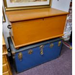 A Victorian painted pine blanket chest; a large blue steamer trunk