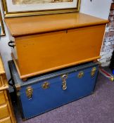 A Victorian painted pine blanket chest; a large blue steamer trunk