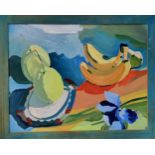 Contemporary School Abstract Still Life of Fruit and Iris Oil on board, framed 72cm x 57cm