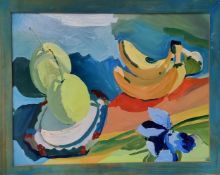 Contemporary School Abstract Still Life of Fruit and Iris Oil on board, framed 72cm x 57cm