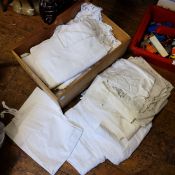 Textiles - various French linen bed spreads, handworked chateau door curtains white on white