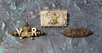 A Victorian commemorative silver and enamel rectangular brooch, in relief with VR and shield, 3cm