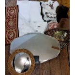 A 1930's overmantel mirror, 68cm wide;  another, gilt, circular;  damask table cloths;  others,