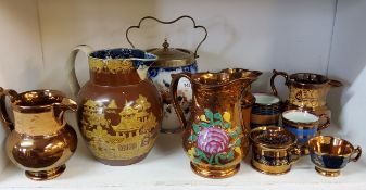 Victorian Copper Lustre - various jugs, mugs, preserve pot and cover;  a Staffordshire lobed biscuit