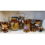 Victorian Copper Lustre - various jugs, mugs, preserve pot and cover;  a Staffordshire lobed biscuit