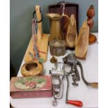 A National mincer;  another;  a brass jug;  CWS biscuit tin;  continental ham holder;  sugar