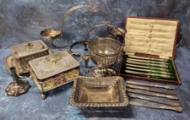 A Victorian silver plated Walker & Hall sardine dish, the cover chased & engraved with fern leaves &