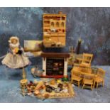 Doll's House Furniture - kitchen range, tables, chairs, accessories, dolls, etc