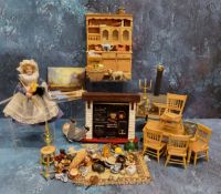 Doll's House Furniture - kitchen range, tables, chairs, accessories, dolls, etc