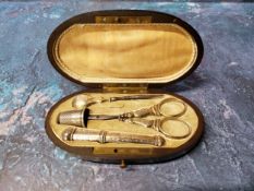 A Victorian oval sewing  necessaire, the interior fitted with silver thimble, scissors, bodkin case,