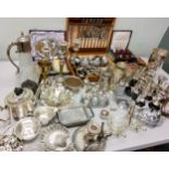 Plated Ware - trophies;  goblets;  flatware;  teapot;  claret jug;  Sheffield plated chamber stick;