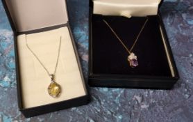 An Art Deco style 9ct gold, amethyst & diamond pendant, 9ct gold micro curb necklace 1.2g; a 9ct