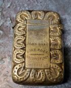 Advertising - a plated vesta case, inscribed John Shaw, Wire Rope Manufacturer, Sheffield, horseshoe