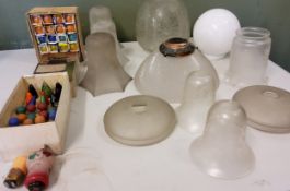 Victorian and later frosted and clear glass shades, various;  Phillips coloured light bulbs;