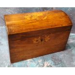 A 19th century walnut tea caddy, the domed top inlaid with floral marquetry, the interior with two