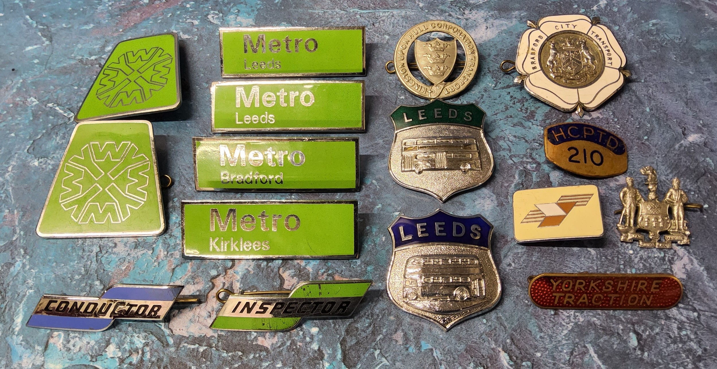 Vintage bus enamel badges including Leeds, Bradford, Yorkshire Traction, Conductor, Inspector etc.