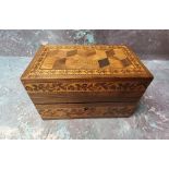 A Victorian Tunbridge Ware rectangular two bottle scent casket, the cover inlaid with tumbling