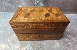 A Victorian Tunbridge Ware rectangular two bottle scent casket, the cover inlaid with tumbling