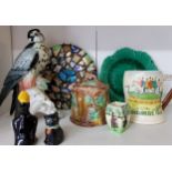 A Fieldings Crown Devon, Widdicombe Fair musical mug, printed marks;   a German model, Bird of Prey,