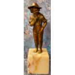 Continental School, 19th century, gilt bronze, farm boy, standing  barefooted, square marble base,