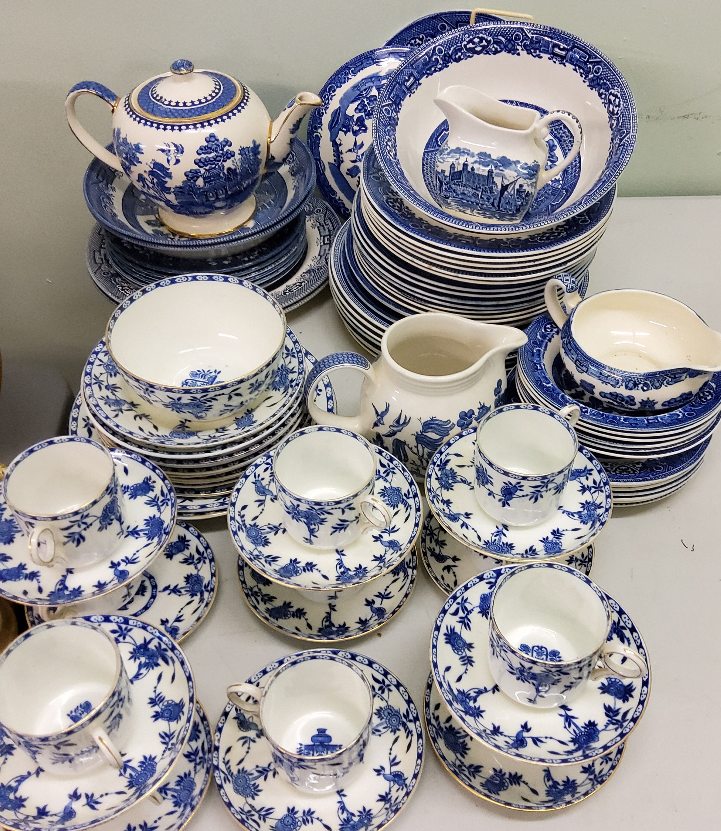 Blue and White - Delhi coffee cups, saucers, side plates;  Willow pattern dinner plates, bowls,