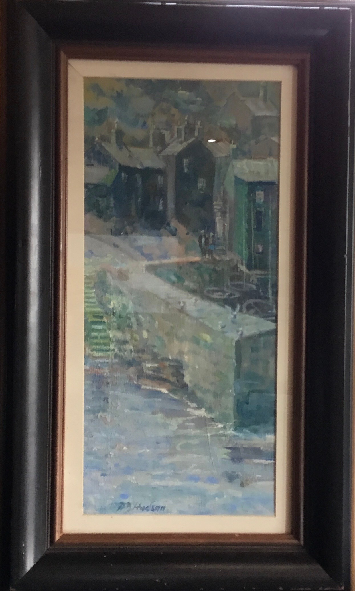 P*B* Hudson, Cornish Harbour, signed, oil on board, 44cm x 19cm