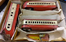 Electric Streamlined Train Set,  locomotive, two coaches made in England, Engine made in USA, base