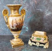 A French porcelain two handled pedestal ovoid vase, in the Empire taste, decorated with medieval