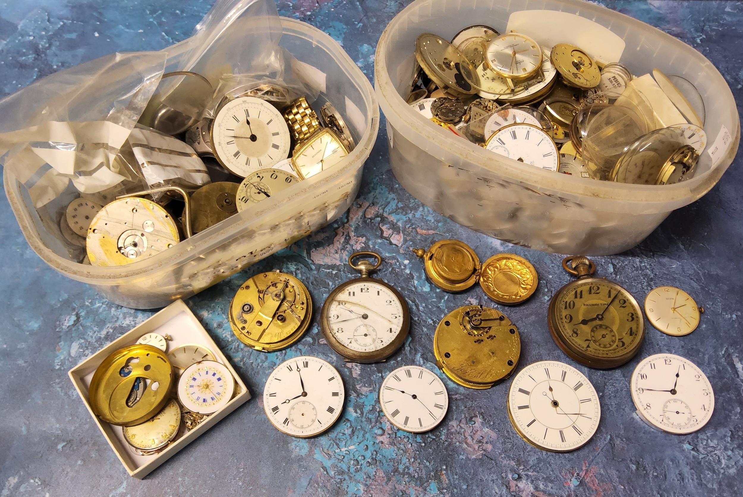 A German silver plated open faced Railway Time pocket watch, discoloured dial, black Arabic