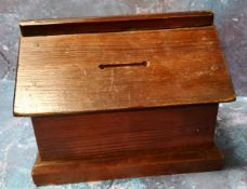 A Victorian mahogany novelty money box, as a dog kennel, 14.5cm wide, c.1880