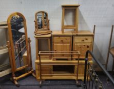 Pine Furniture - cheval mirror, bedside cabinets, TV unit (light oak), towel rail, stools etc qty