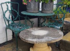 A Coalbrookdale style bistro set, painted green including table and two chairs (3)