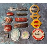 Vintage South England & Underground enamel badges including East Kent, Thames Valley, Devon General,