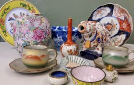 A Japanese Imari plate;  a Japanese blue and white bowl  Kutani bottle vase;  stoneware mugs and