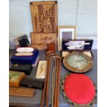 A set of EPNS fish knives, forks and fish servers, cased;  Italian treen pictures;  boxes;