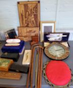 A set of EPNS fish knives, forks and fish servers, cased;  Italian treen pictures;  boxes;