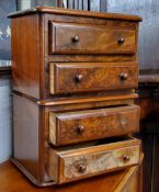 A Victorian burr walnut and mahogany apprentice piece, a miniature chest of four long drawers, one