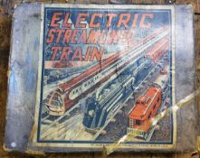 Electric Streamlined Train Set,  locomotive, three coaches,   made in England, Engine made in USA,